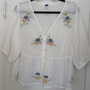 Old Navy White Blouse with Blue and Yellow Embroidery